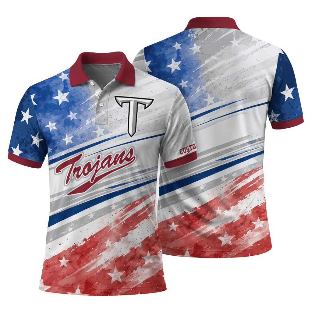 Troy Trojans Polo Shirt Customized Star Stripes Red Blue Fashion Forward Troy Trojans Polo Shirt Customized Star Stripes Red Blue Fashion Forward
