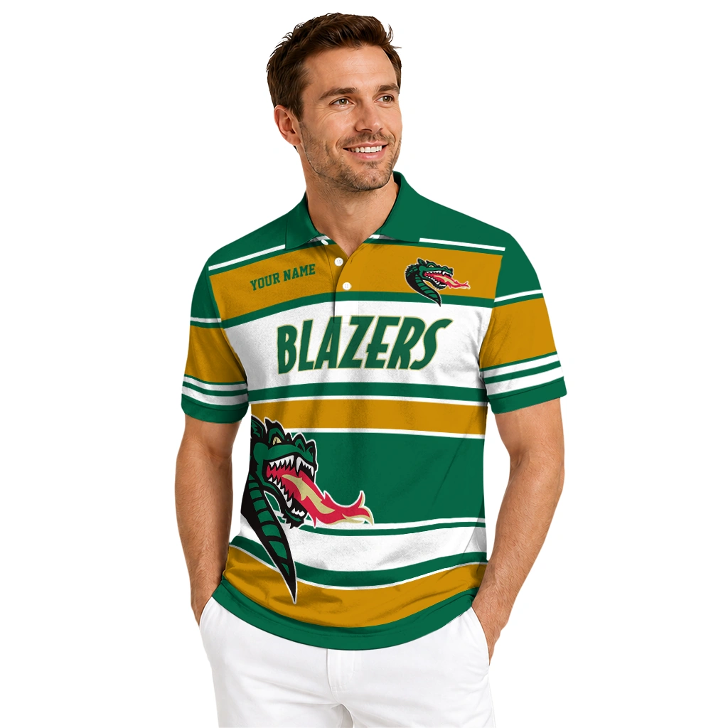 Uab Blazers Polo Shirt Customized Horizontal Blocks Green High Quality Uab Blazers Polo Shirt Customized Horizontal Blocks Green High Quality