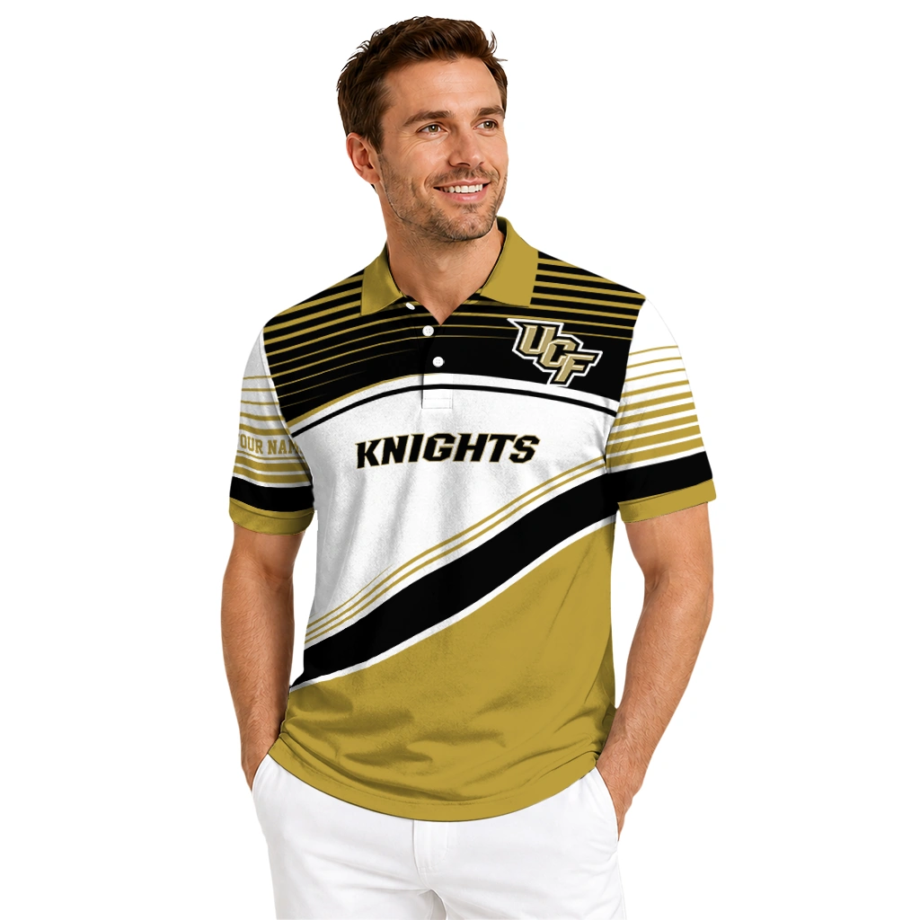 Ucf Knights Polo Shirt Personalized Slanted Stripes Gold White High Quality Ucf Knights Polo Shirt Personalized Slanted Stripes Gold White High Quality