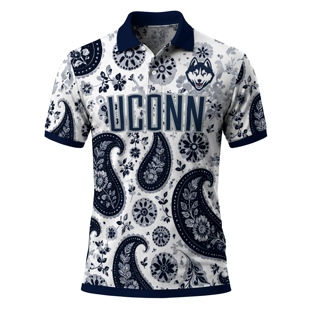Uconn Huskies Polo Shirt Personalized Paisley Florals Blue White Best Selling Uconn Huskies Polo Shirt Personalized Paisley Florals Blue White Best Selling