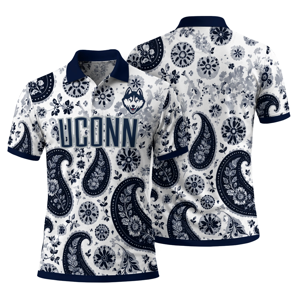 Uconn Huskies Polo Shirt Personalized Paisley Florals Blue White Fashion Forward Uconn Huskies Polo Shirt Personalized Paisley Florals Blue White Fashion Forward