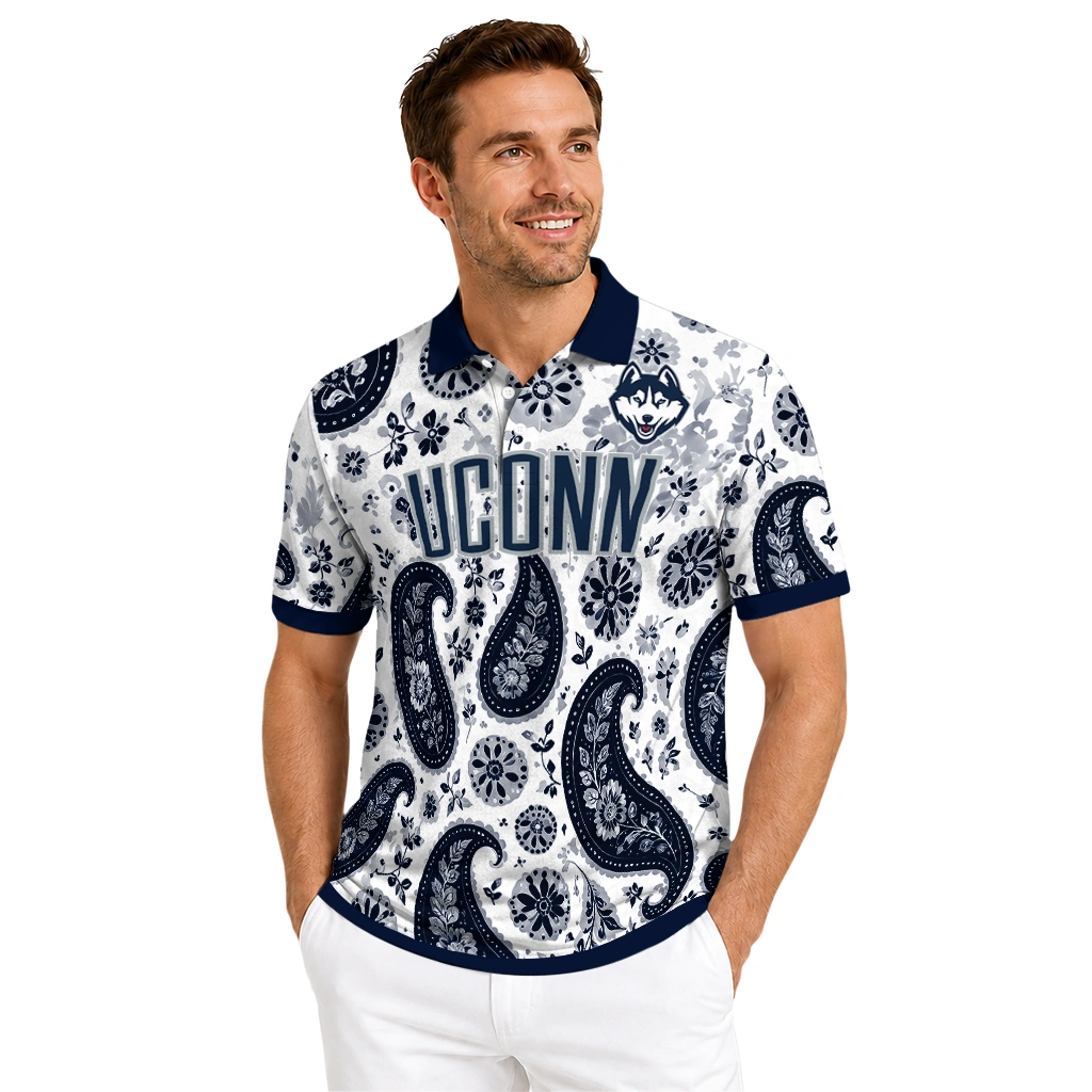 Uconn Huskies Polo Shirt Personalized Paisley Florals Blue White High Quality Uconn Huskies Polo Shirt Personalized Paisley Florals Blue White High Quality