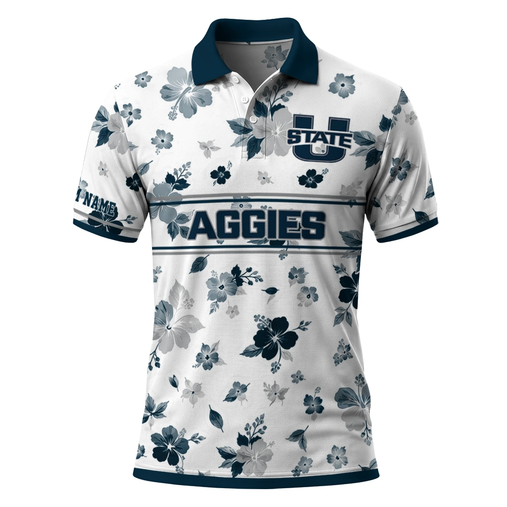 Utah State Aggies Polo Shirt Customized Floral Pinstripe Navy White Best Selling Utah State Aggies Polo Shirt Customized Floral Pinstripe Navy White Best Selling