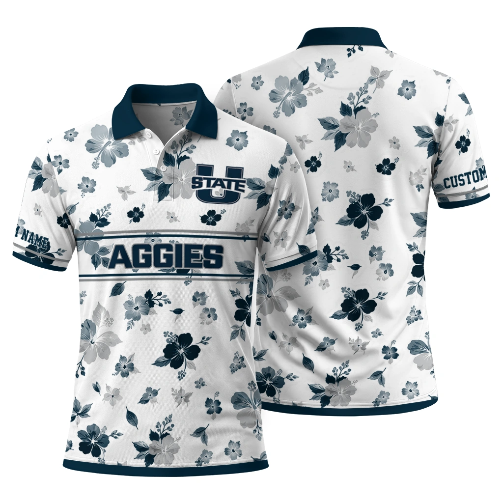 Utah State Aggies Polo Shirt Customized Floral Pinstripe Navy White Fashion Forward Utah State Aggies Polo Shirt Customized Floral Pinstripe Navy White Fashion Forward
