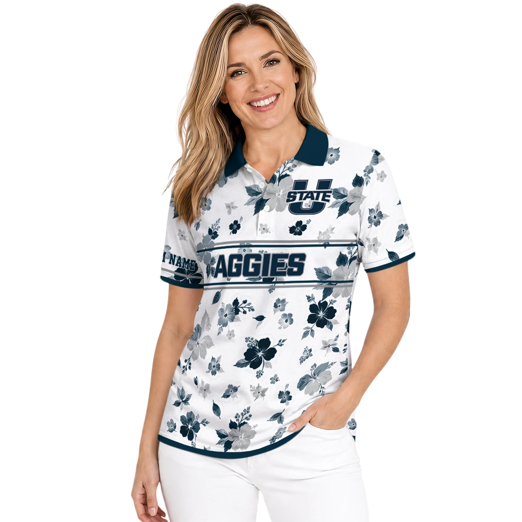 Utah State Aggies Polo Shirt Customized Floral Pinstripe Navy White Latest Model Utah State Aggies Polo Shirt Customized Floral Pinstripe Navy White Latest Model