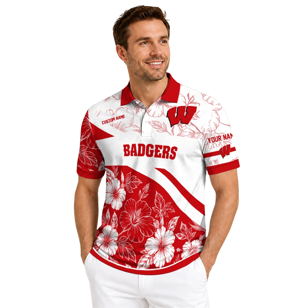 Wisconsin Badgers Polo Shirt Custom Floral Angles Red White High Quality Wisconsin Badgers Polo Shirt Custom Floral Angles Red White High Quality