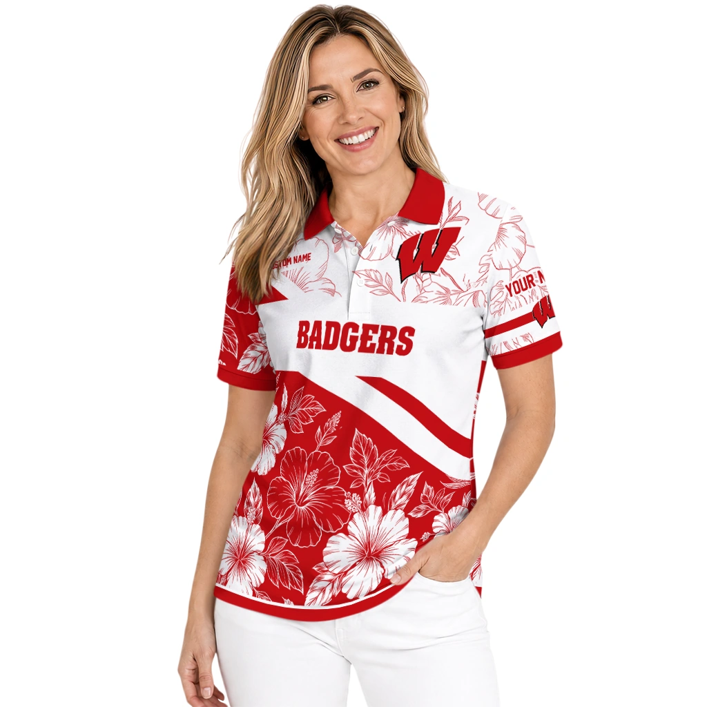 Wisconsin Badgers Polo Shirt Custom Floral Angles Red White Latest Model Wisconsin Badgers Polo Shirt Custom Floral Angles Red White Latest Model