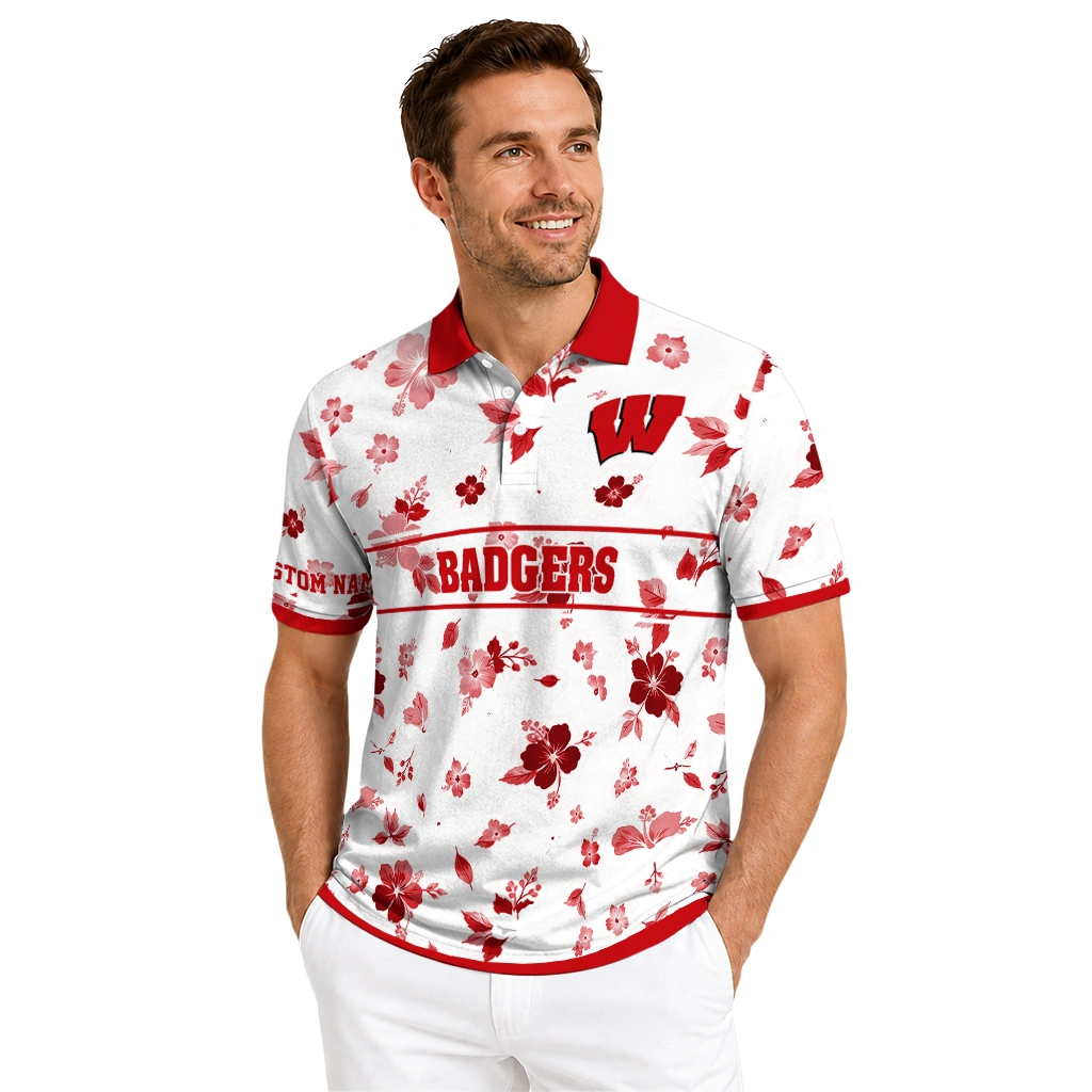 Wisconsin Badgers Polo Shirt Custom Floral Pinstripe Red White High Quality Wisconsin Badgers Polo Shirt Custom Floral Pinstripe Red White High Quality