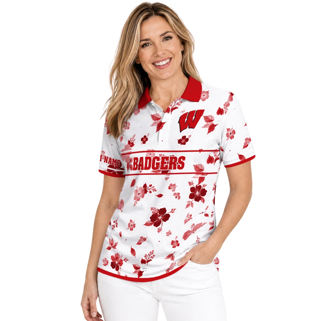 Wisconsin Badgers Polo Shirt Custom Floral Pinstripe Red White Latest Model Wisconsin Badgers Polo Shirt Custom Floral Pinstripe Red White Latest Model