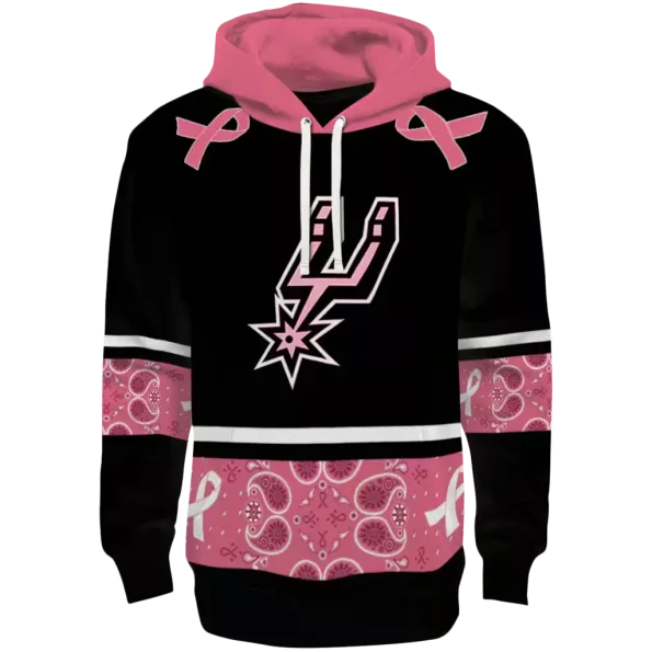 Spudys Ribbun San Antonio Spurs Black Pink Awareness Ribbon Hoodie