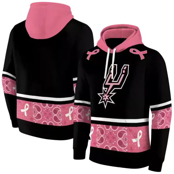 Spudys Ribbun San Antonio Spurs Black Pink Awareness Ribbon Hoodie