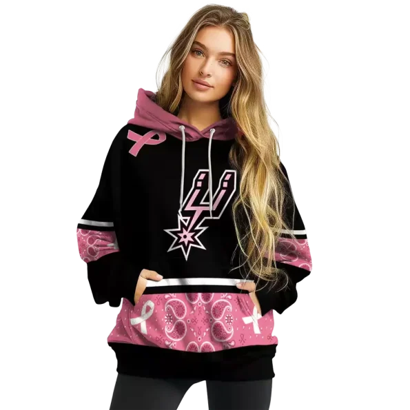 Spudys Ribbun San Antonio Spurs Black Pink Awareness Ribbon Hoodie