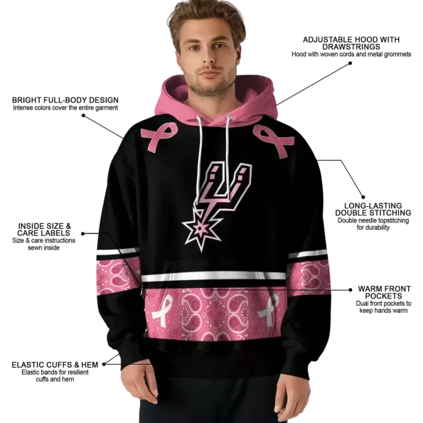 Spudys Ribbun San Antonio Spurs Black Pink Awareness Ribbon Hoodie