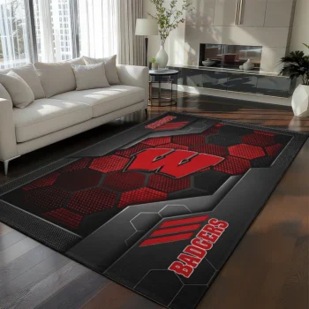 Wisconsin Badgers Rug - Hexagonal Grid Pattern Red