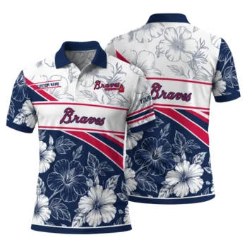 Atlanta Braves Polo Shirt Custom Floral Angles Navy White Fashion Forward