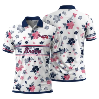 Atlanta Braves Polo Shirt Custom Floral Pinstripe Navy White Fashion Forward