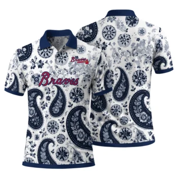 Atlanta Braves Polo Shirt Custom Paisley Florals Navy White Fashion Forward
