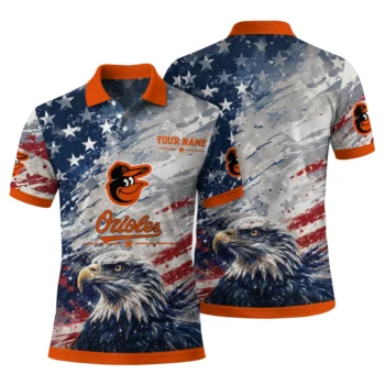 Baltimore Orioles Polo Shirt Customized Star Brushstrokes Orange Blue Fashion Forward