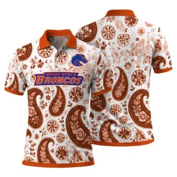 Boise State Broncos Polo Shirt Custom Paisley Florals Orange White Fashion Forward
