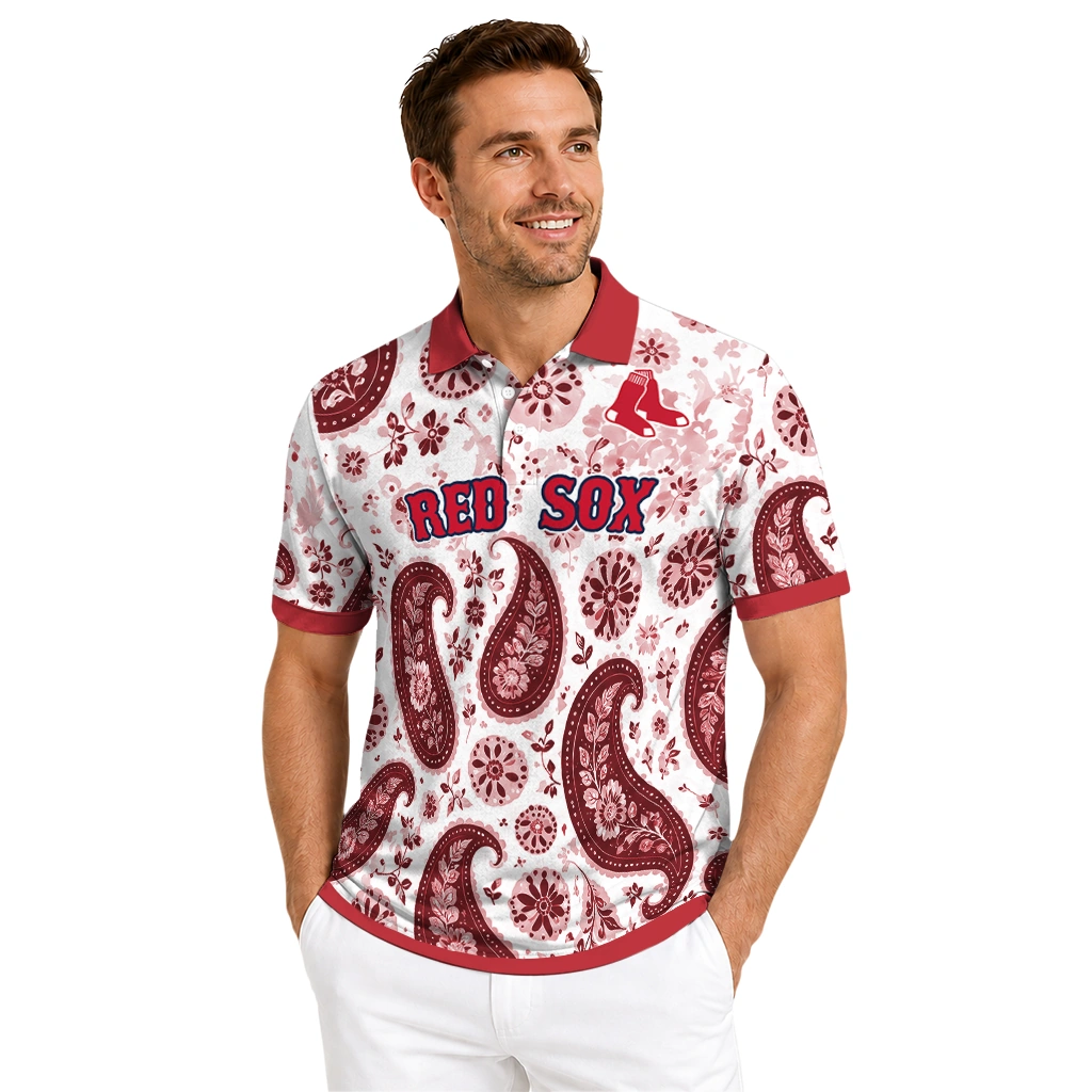 Boston Red Sox Polo Shirt Personalized Paisley Florals Red White High Quality Boston Red Sox Polo Shirt Personalized Paisley Florals Red White High Quality
