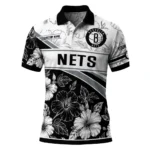 Brooklyn Nets Polo Shirt - Customized Floral Angles Black White