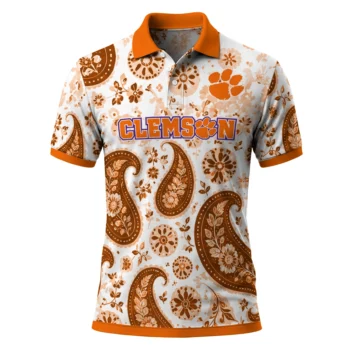 Clemson Tigers Polo Shirt Customized Paisley Florals Orange White Best Selling