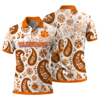 Clemson Tigers Polo Shirt Customized Paisley Florals Orange White Fashion Forward
