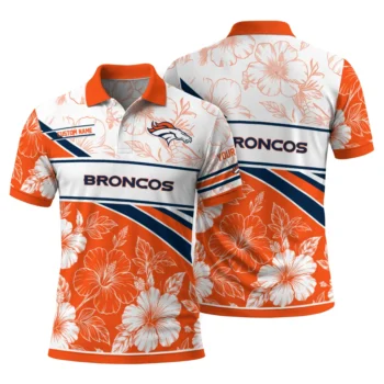 Denver Broncos Polo Shirt Custom Floral Angles Orange White Fashion Forward