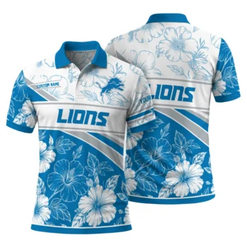 Detroit Lions Polo Shirt Customized Floral Angles Blue White Fashion Forward