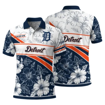 Detroit Tigers Polo Shirt Personalized Floral Angles Navy White Fashion Forward