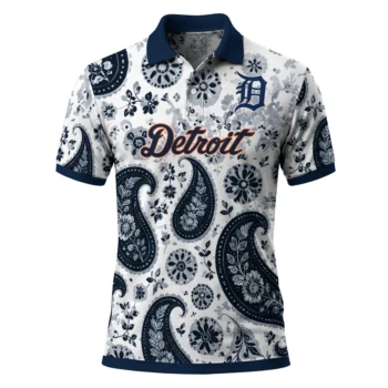 Detroit Tigers Polo Shirt Personalized Paisley Florals Navy White Best Selling