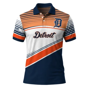 Detroit Tigers Polo Shirt Personalized Slanted Stripes Navy White Best Selling