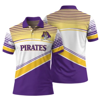 East Carolina Pirates Polo Shirt Customized Slanted Stripes Purple White Fashion Forward