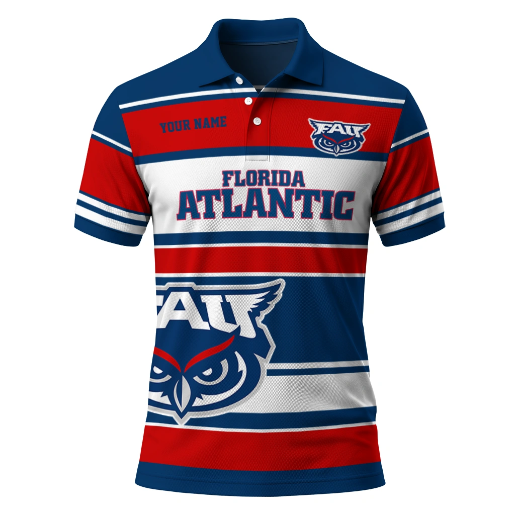 Florida Atlantic Owls Polo Shirt Customized Horizontal Blocks Blue Best Selling Florida Atlantic Owls Polo Shirt Customized Horizontal Blocks Blue Best Selling