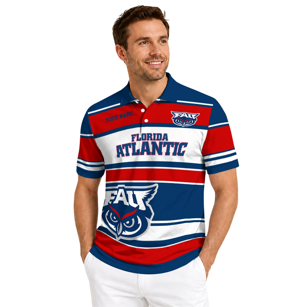 Florida Atlantic Owls Polo Shirt Customized Horizontal Blocks Blue High Quality Florida Atlantic Owls Polo Shirt Customized Horizontal Blocks Blue High Quality