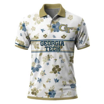 Georgia Tech Yellow Jackets Polo Shirt Custom Floral Pinstripe Gold White Best Selling