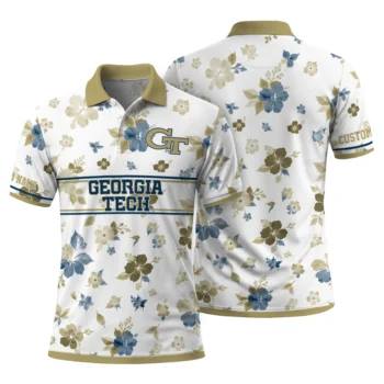 Georgia Tech Yellow Jackets Polo Shirt Custom Floral Pinstripe Gold White Fashion Forward