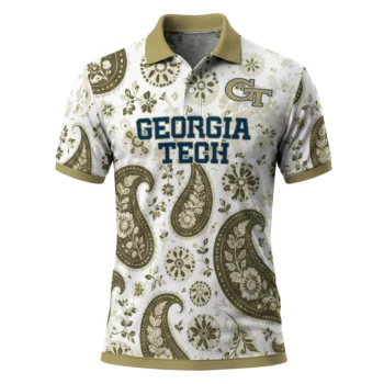 Georgia Tech Yellow Jackets Polo Shirt Custom Paisley Florals Gold White Best Selling