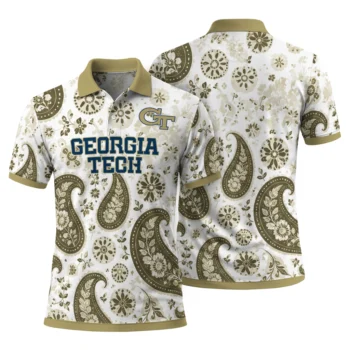 Georgia Tech Yellow Jackets Polo Shirt Custom Paisley Florals Gold White Fashion Forward