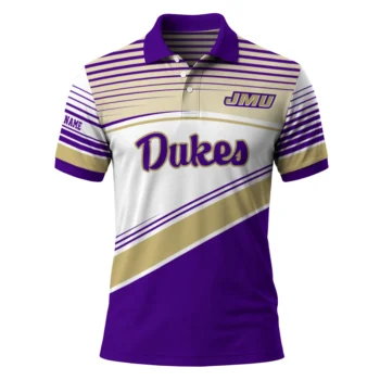 James Madison Dukes Polo Shirt Customized Slanted Stripes Purple White Best Selling