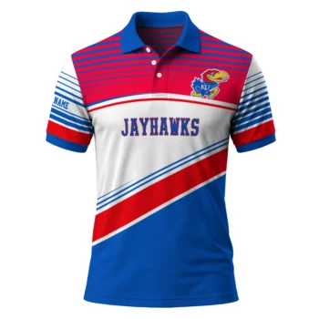 Kansas Jayhawks Polo Shirt Personalized Slanted Stripes Blue White Best Selling