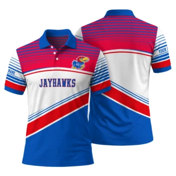 Kansas Jayhawks Polo Shirt Personalized Slanted Stripes Blue White Fashion Forward