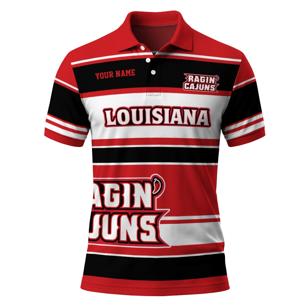 Louisiana Ragin Cajuns Polo Shirt Custom Horizontal Blocks Red Best Selling Louisiana Ragin Cajuns Polo Shirt Custom Horizontal Blocks Red Best Selling