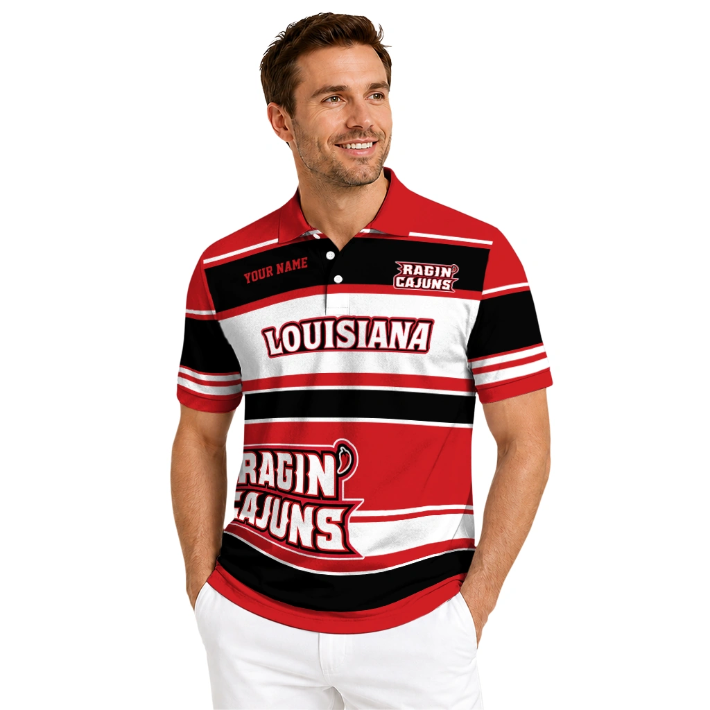 Louisiana Ragin Cajuns Polo Shirt Custom Horizontal Blocks Red High Quality Louisiana Ragin Cajuns Polo Shirt Custom Horizontal Blocks Red High Quality