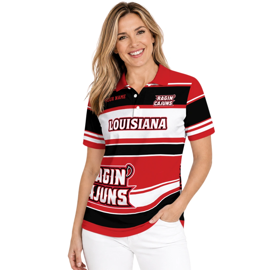 Louisiana Ragin Cajuns Polo Shirt Custom Horizontal Blocks Red Latest Model Louisiana Ragin Cajuns Polo Shirt Custom Horizontal Blocks Red Latest Model