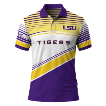 Lsu Tigers Polo Shirt Personalized Slanted Stripes Purple White Best Selling