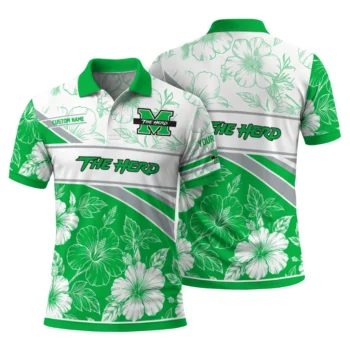 Marshall Thundering Herd Polo Shirt Custom Floral Angles Green White Fashion Forward