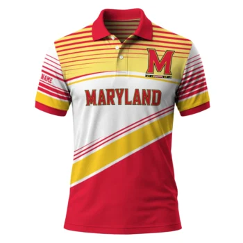 Maryland Terrapins Polo Shirt Customized Slanted Stripes Red White Best Selling