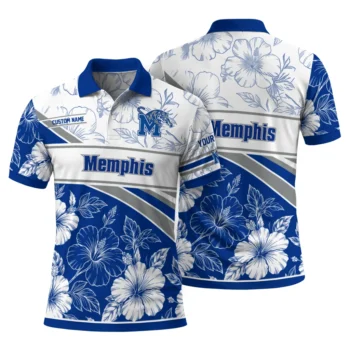 Memphis Tigers Polo Shirt Custom Floral Angles Blue White Fashion Forward