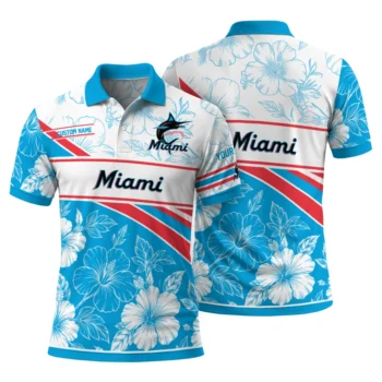 Miami Marlins Polo Shirt Customized Floral Angles Blue White Fashion Forward